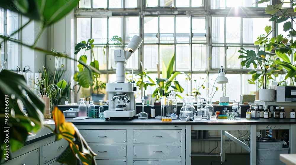 Fototapeta premium Serene Science Lab: Unoccupied Educational Space with Sunlight Illuminating Instruments, Reflecting the Calm of Scientific Inquiry and Discovery