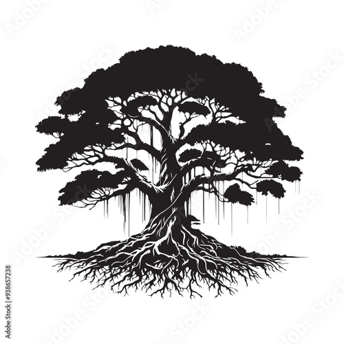 banyan tree silhouette in black color, banyan tree hand drawn vector, Banyan Tree Silhouette Vector Illustration Set