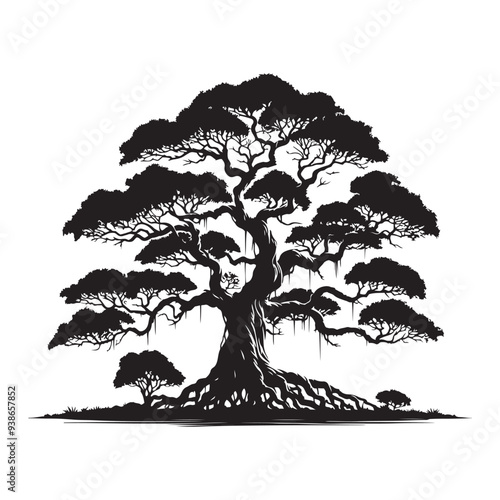 banyan tree silhouette in black color, banyan tree hand drawn vector, Banyan Tree Silhouette Vector Illustration Set