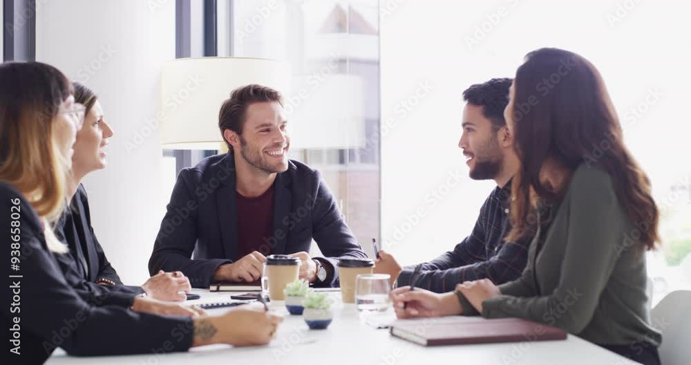 Business people, talking and group meeting in office boardroom for target audience planning, strategy or global growth. Smile, diversity and communication for men, women and teamwork collaboration Business people, talking and group meeting in office boardroom for target audience planning, strategy or global growth. Smile, diversity and communication for men, women and teamwork collaboration