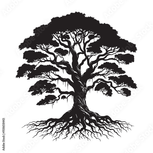 banyan tree silhouette in black color, banyan tree hand drawn vector, Banyan Tree Silhouette Vector Illustration Set