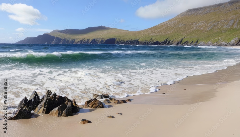 Tranquil beach scene with rocky outcrops and gentle waves Tranquil beach scene with rocky outcrops and gentle waves