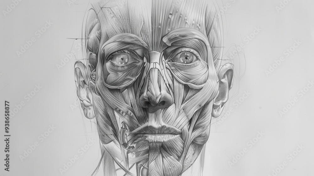 Detailed anatomical sketch of a human face showing muscles and skeletal ...