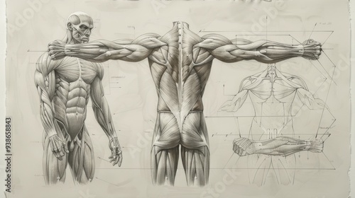 Detailed anatomical illustration of the human muscular system, showcasing front and back views with a focus on muscle definition and structure.