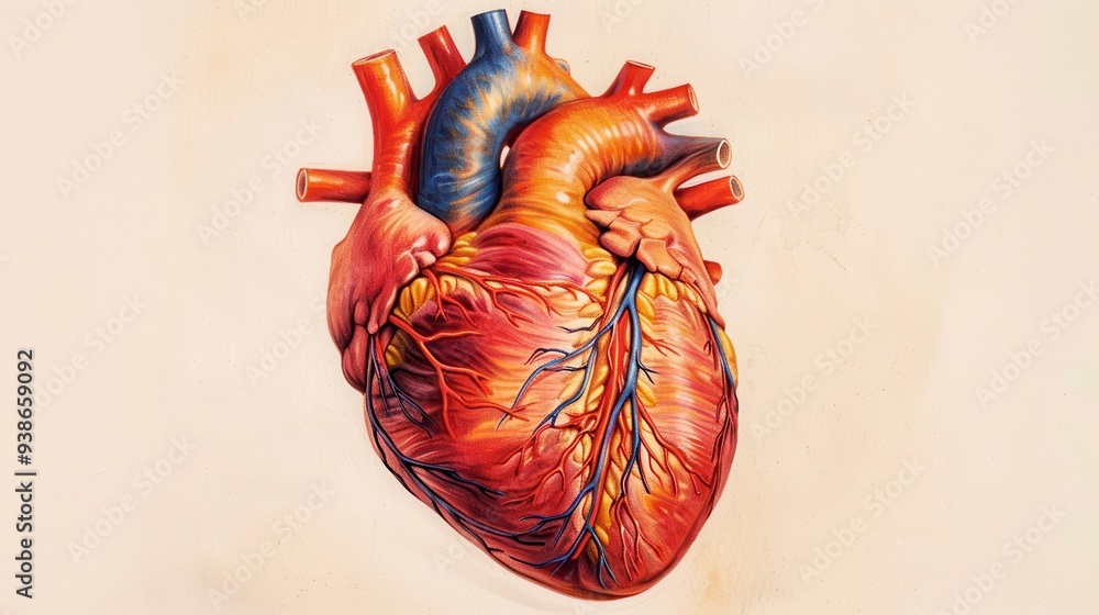Naklejka premium Detailed illustration of a human heart showing its anatomy and structure, highlighting the complexities of cardiovascular system.