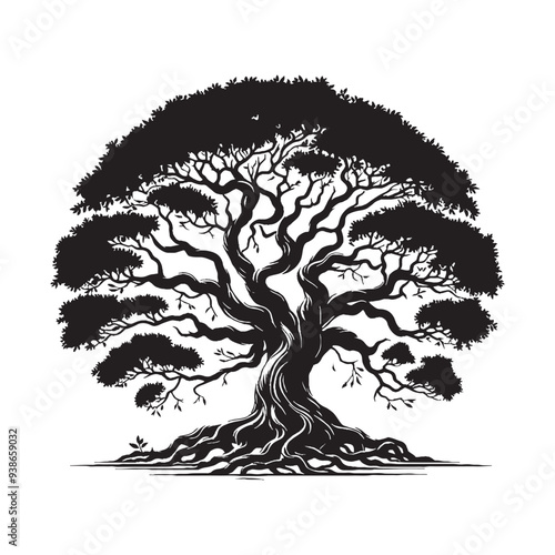 banyan tree silhouette in black color, banyan tree hand drawn vector, Banyan Tree Silhouette Vector Illustration Set