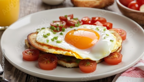  Delicious breakfast plate with sunnysideup egg tomato and toast