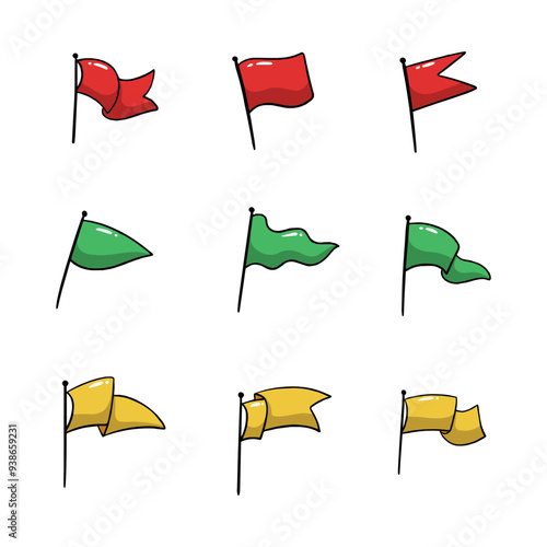 Pennant Flag Cartoon Icon Set. Hand drawn style. Concept isolated illustration