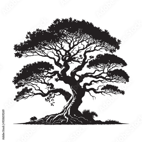 banyan tree silhouette in black color, banyan tree hand drawn vector, Banyan Tree Silhouette Vector Illustration Set