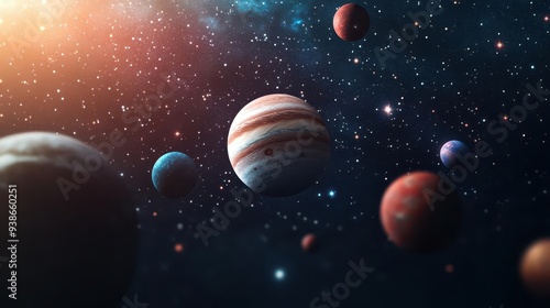 A 3D effect of a space scene with planets and stars seemingly floating in front of the viewer, 3D effect, space, cosmic