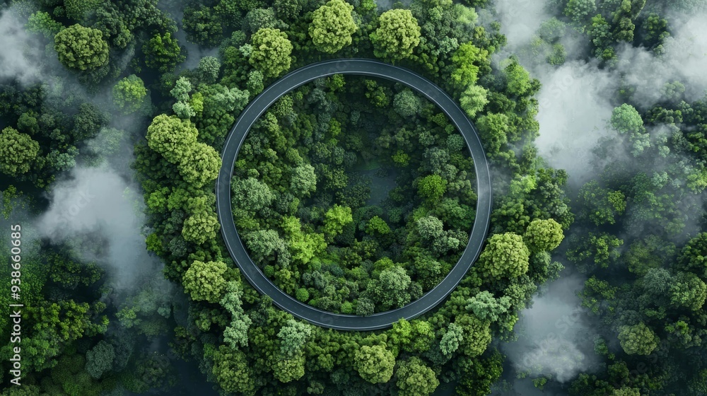 Aerial view of a circular road surrounded by lush green trees and mist, highlighting nature's beauty and human design. Aerial view of a circular road surrounded by lush green trees and mist, highlighting nature's beauty and human design.
