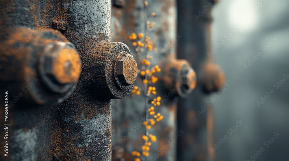 Close-up of rusted metal bolts with vivid yellow flowers against a blurred background, spotlighting nature's resilience. Close-up of rusted metal bolts with vivid yellow flowers against a blurred background, spotlighting nature's resilience.