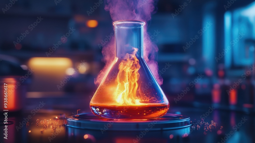 A mesmerizing photo of a laboratory flask with a fiery chemical reaction, emitting vibrant orange flames and steam in a science lab. A mesmerizing photo of a laboratory flask with a fiery chemical reaction, emitting vibrant orange flames and steam in a science lab.