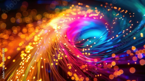 Abstract image of colorful light trails and glowing particles representing motion and energy in a vibrant digital swirl.