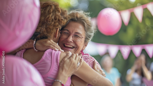 Women Joyfully Hugging, Celebrating Victory Over Breast Cancer 