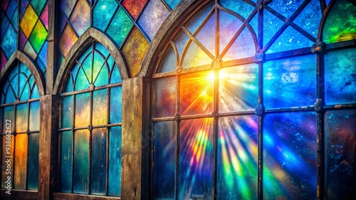 Weathered blue stained glass with colorful lens flare, dust scratches, and rainbow light effect , distressed