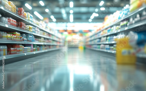 Blurry shopping shelves in supermarkets and department stores