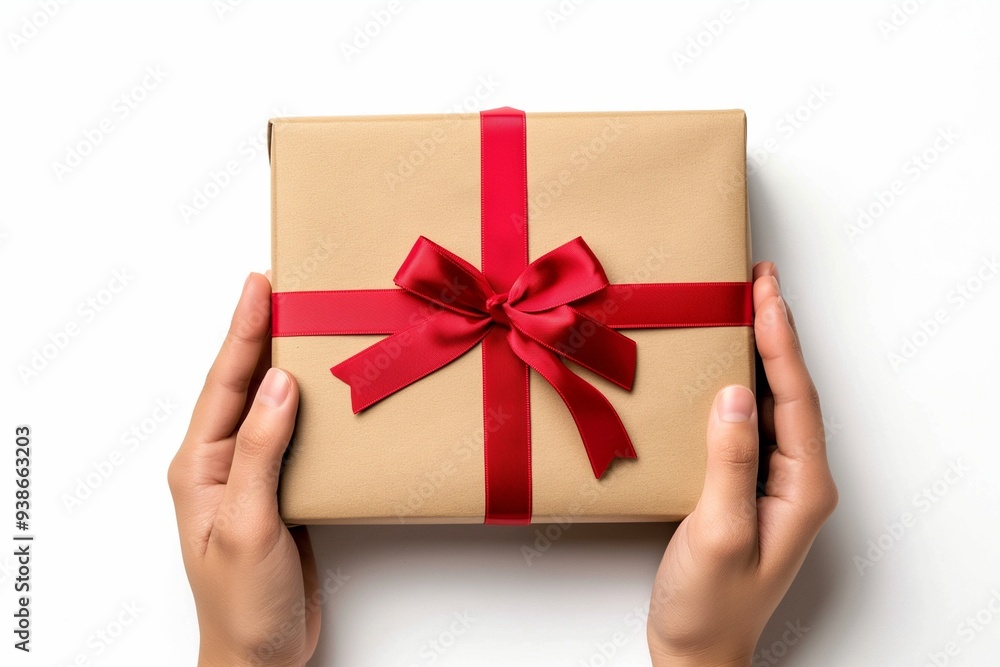 Hand holding gift box with red ribbon bow isolate on background Hand holding gift box with red ribbon bow isolate on background