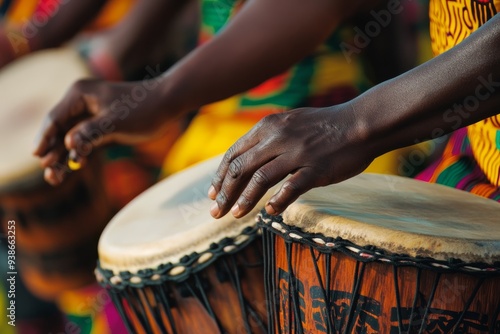 Hands rhythmically striking African drums in a close-up shot, taken during a street festival celebration