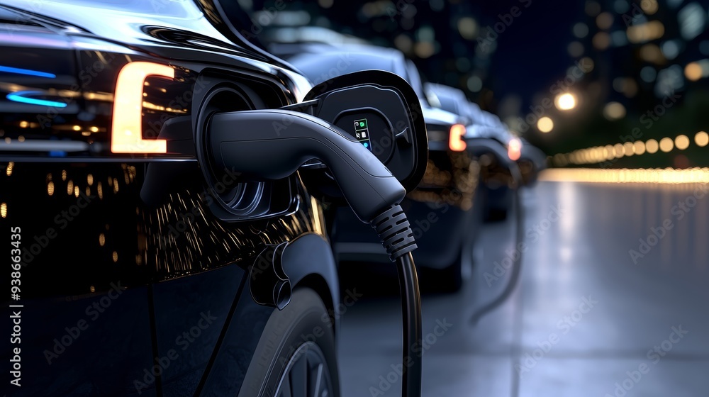 Electric vehicles charging at night, showcasing modern technology and eco-friendly transportation solutions. Electric vehicles charging at night, showcasing modern technology and eco-friendly transportation solutions.