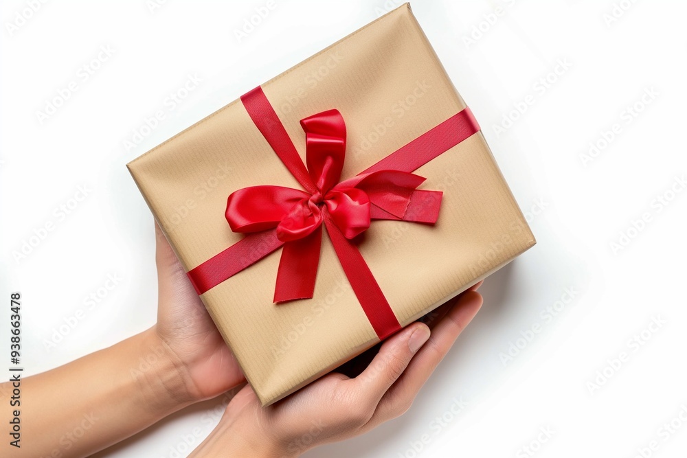 Hand holding gift box with red ribbon bow isolate on background Hand holding gift box with red ribbon bow isolate on background