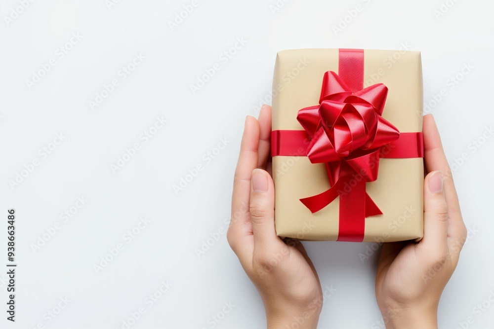 Hand holding gift box with red ribbon bow isolate on background Hand holding gift box with red ribbon bow isolate on background