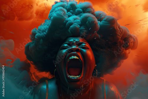 African American Woman Expressing Strong Emotions with Surreal Cloud Hair, Symbolizing Mental Overload and Creative Explosion photo