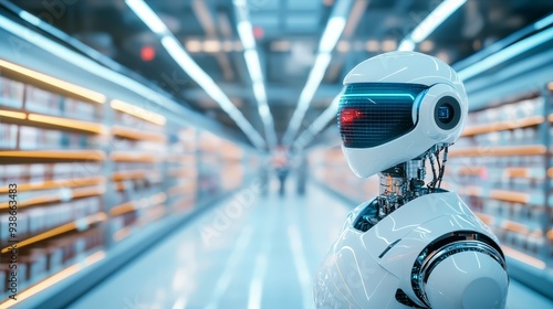 Futuristic Robot in a Supermarket Aisle