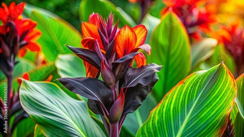 Vibrant and striking Canna 'Tropicanna Black' flower in full bloom surrounded by lush green foliage, tropical, exotic, plant photo