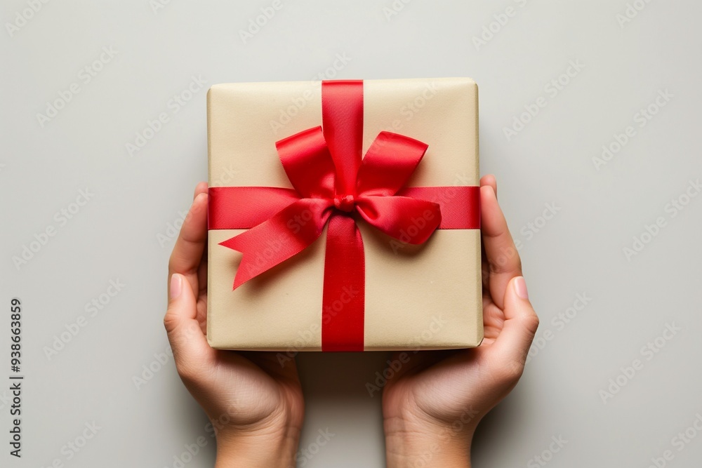 Hand holding gift box with red ribbon bow isolate on background Hand holding gift box with red ribbon bow isolate on background