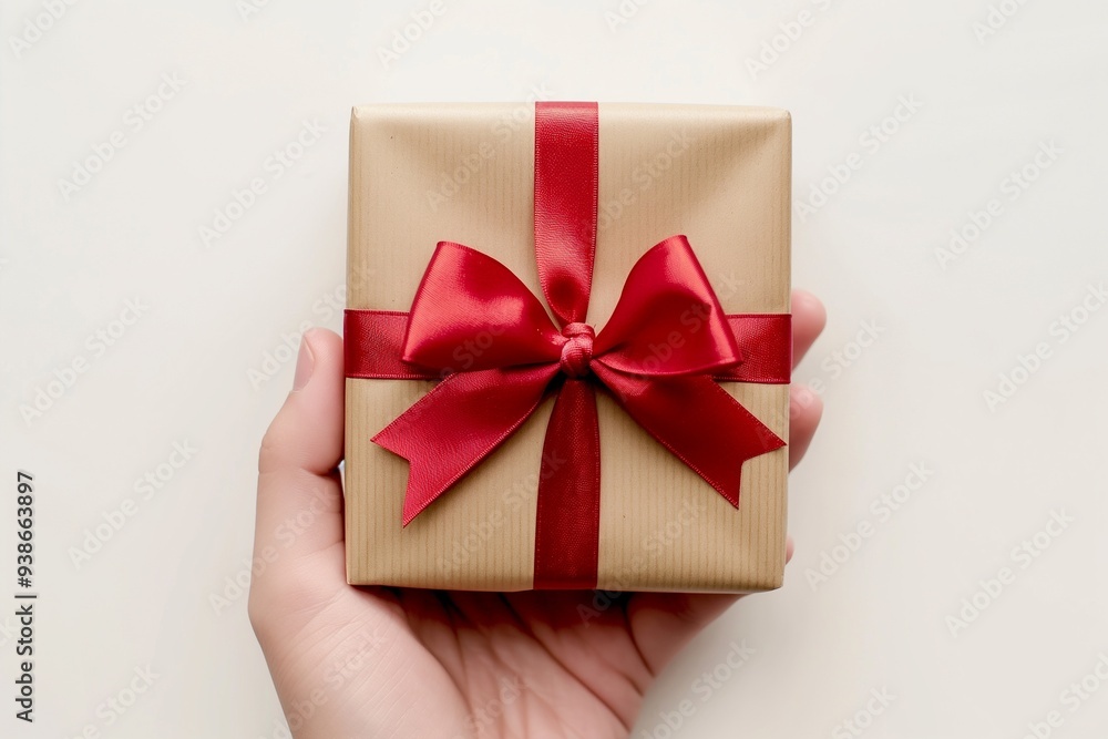 Hand holding gift box with red ribbon bow isolate on background Hand holding gift box with red ribbon bow isolate on background