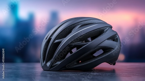 A sleek black bicycle helmet on a surface with a blurred urban background, ideal for safety and cycling promotions. photo