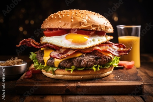 Juicy cheeseburger on a table with a refreshing drink. Classic American meal with all the fixings in an indoor setting. Dominant colors are black and brown. photo