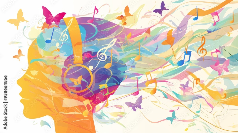Fototapeta premium An imaginative illustration featuring a colorful head with music notes, brain waves, and butterflies on a white backdrop