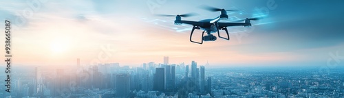 Drone Flying Over Cityscape at Sunset