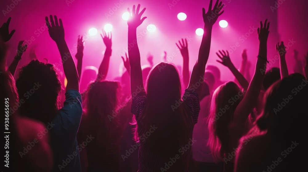 A group of friends dances in a nightclub, their hands lifted in the air, reveling in the music, bathed in pink lights against the dark background A group of friends dances in a nightclub, their hands lifted in the air, reveling in the music, bathed in pink lights against the dark background