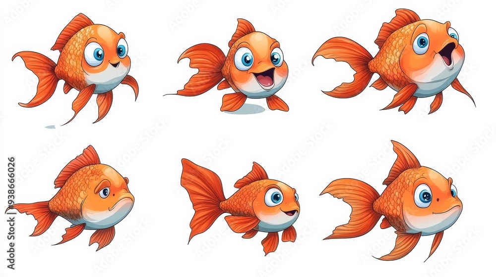 Cartoon Goldfish Set Cute Fish Characters Aquarium Pets Animated Illustration Cartoon Goldfish Set Cute Fish Characters Aquarium Pets Animated Illustration