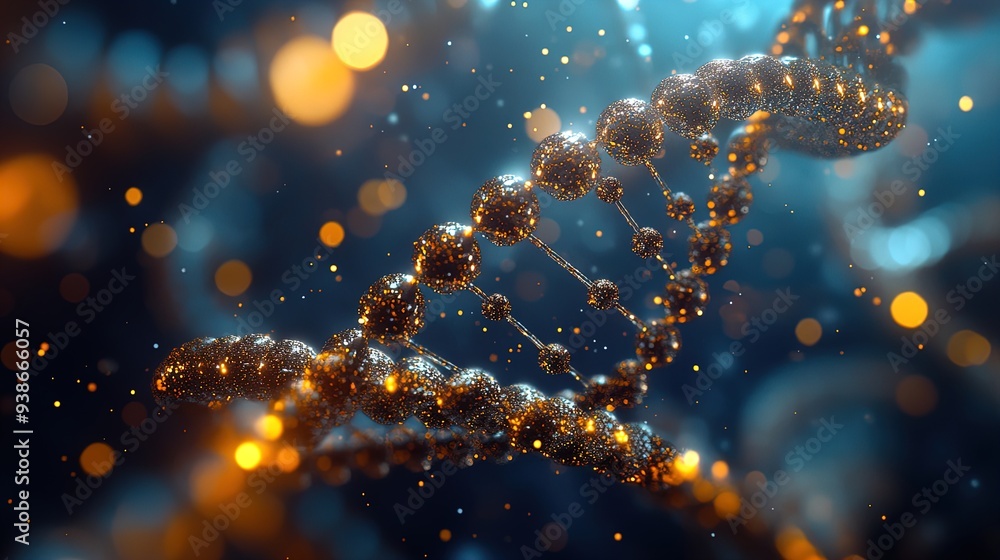 Stunning Close-Up of DNA Spiral with Golden-Brown Spheres and Cosmic Blue Ambiance - Perfect as a Scientific Poster for Modern Home or Sport Interior Design Stunning Close-Up of DNA Spiral with Golden-Brown Spheres and Cosmic Blue Ambiance - Perfect as a Scientific Poster for Modern Home or Sport Interior Design