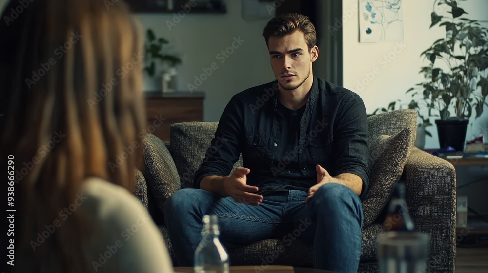 A young man in a black shirt and jeans converses with his female therapist, who is seen from behind in a home office. A bottle of water is situated nearby on the couch A young man in a black shirt and jeans converses with his female therapist, who is seen from behind in a home office. A bottle of water is situated nearby on the couch