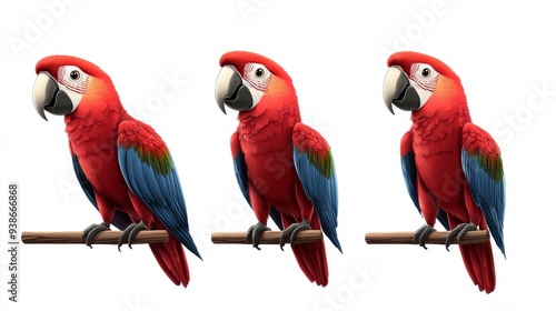 Three Scarlet Macaws Perched on Branches Isolated on White Background