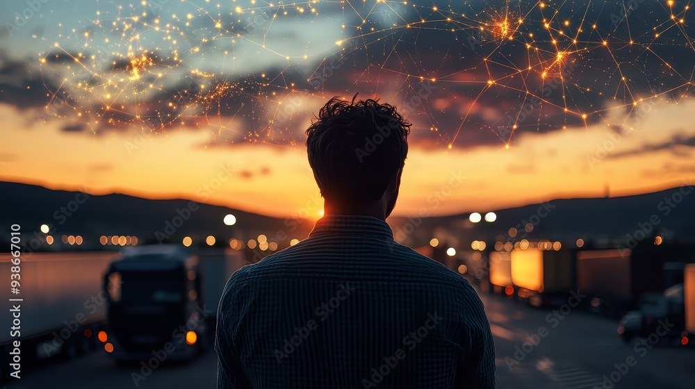 Fototapeta premium Silhouette of a Man with a Network of Lights in the Sunset