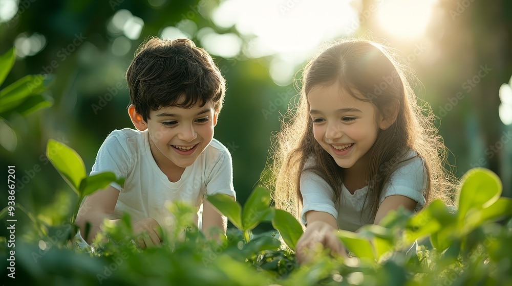 Happy Children Exploring Nature in Summer Happy Children Exploring Nature in Summer