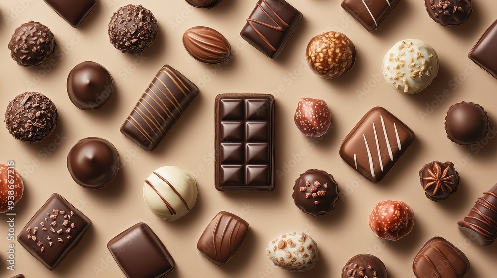 Assorted Chocolate Candies and Bars on Tan Background Assorted Chocolate Candies and Bars on Tan Background