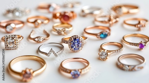 A collection of elegant rings arranged on a white surface.