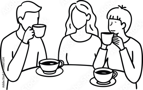 people eating coffe line art illustration black and white