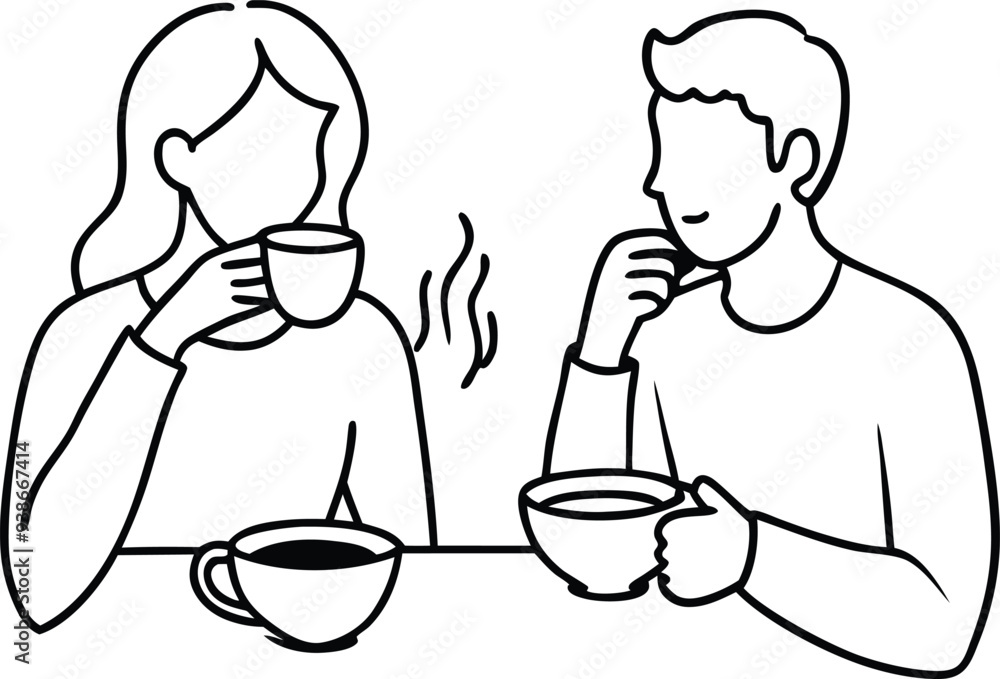people eating coffe line art illustration black and white people eating coffe line art illustration black and white