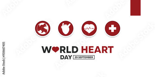 World Heart Day. Earth, heart and plus icon. Great for cards, banners, posters, social media and more. White background.