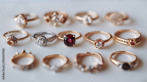 A collection of elegant rings arranged on a white surface.