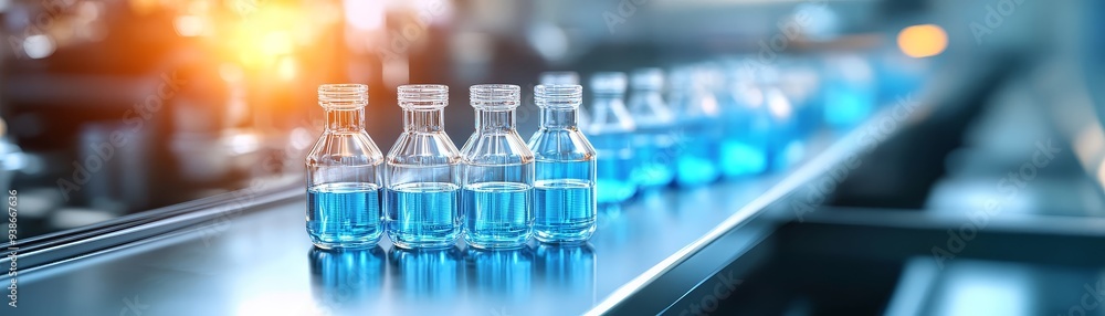Blue Liquid in Glass Bottles on Conveyor Belt in Factory Blue Liquid in Glass Bottles on Conveyor Belt in Factory