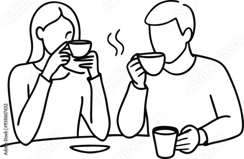 people eating coffe line art illustration black and white